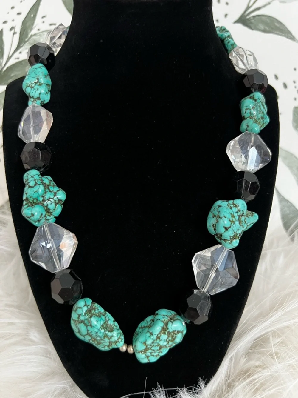 Turquoise Nugget Statement Necklace Chunky Crystal Black Faceted Beads Boho VTG
